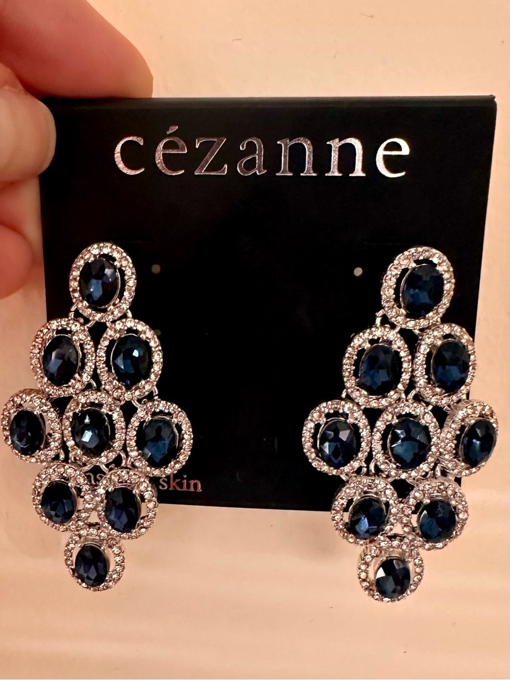 Cézanne Navy Blue Crystal Rhinestone Statement Chandelier Earrings NWT